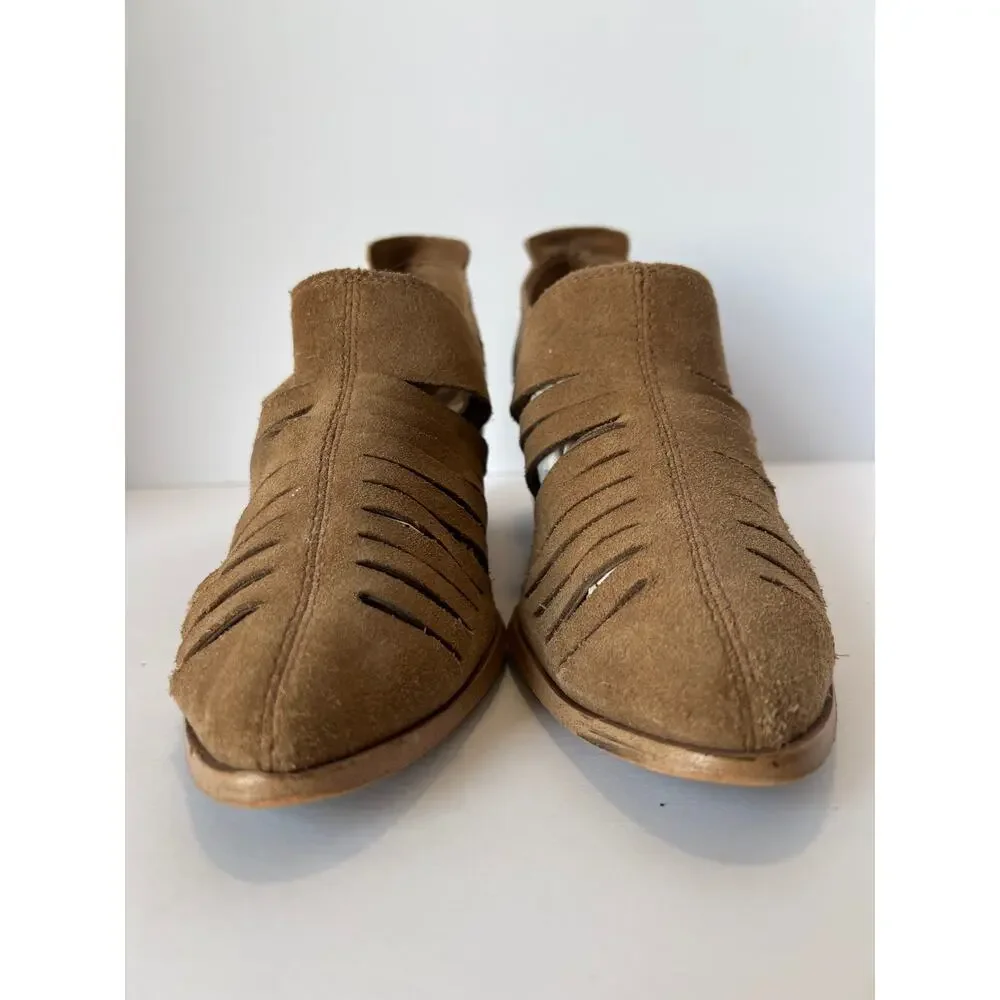 1.STATE Size 7.5 Arnet Tan Suede Strappy Laser Cutout Block Heel Booties